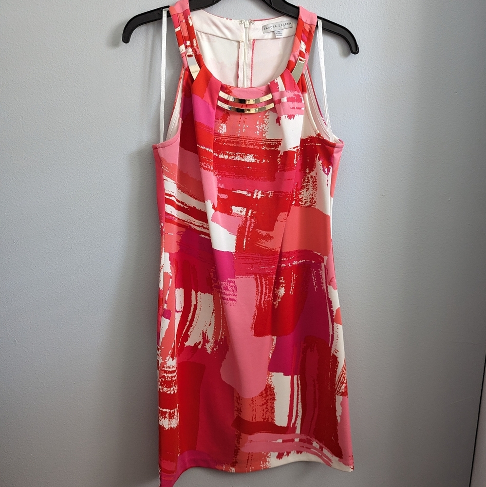 Pink, Red, and White Paint Stroke Dress with Gold Necklace Accent